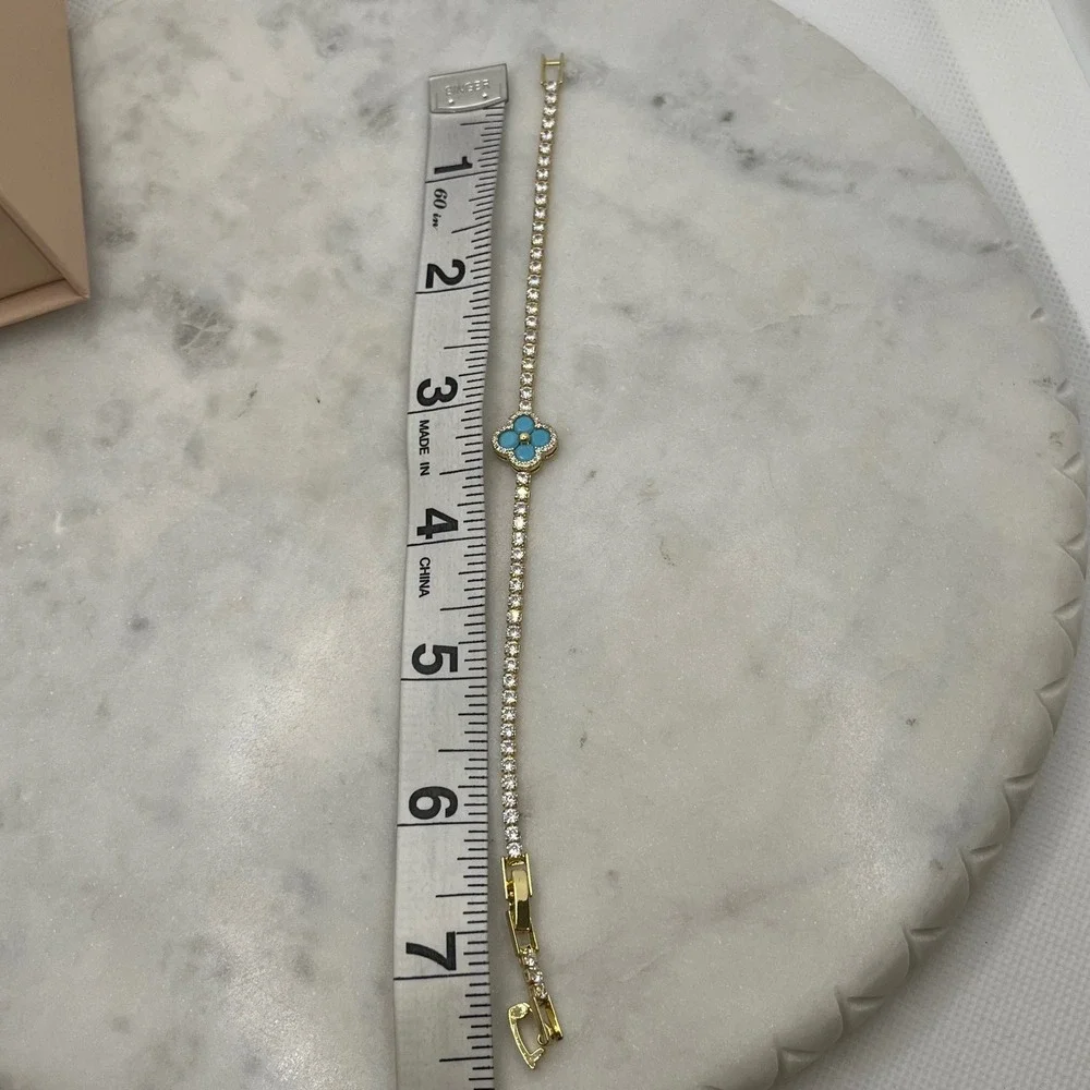 Blue Clover Pave Tennis Bracelet Adina Eden 14K Gold Plate Rhinestone CZ Jewelry